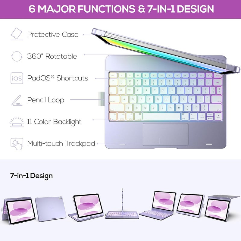 typecase Touch iPad 11th 10th Generation Case with Keyboard (11" 2025, A16 & 10.9" 2022) – 360° Rotatable, 11-Color Backlit, Multi-Touch Trackpad, Pencil Holder, Thin & Light – Light Purple - Image 4